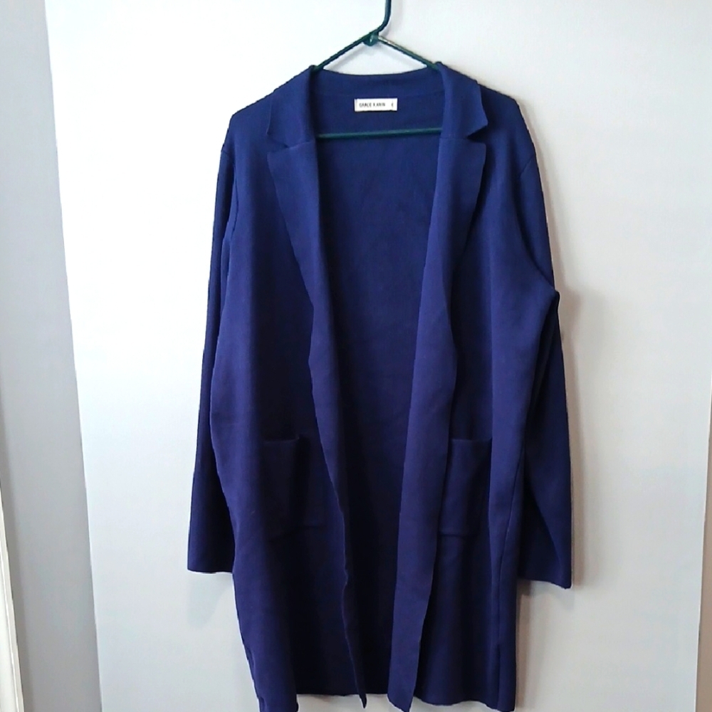 Grace Karin Navy Open Front Viscose Blend Cardigan Pockets Women Large Old Money